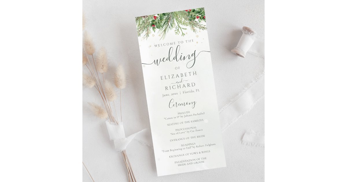 Rustic Winter Greenery Berries Pine Cone Wedding Program | Zazzle