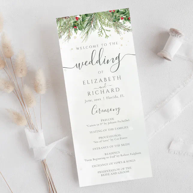 Rustic Winter Greenery Berries Pine Cone Wedding Program | Zazzle