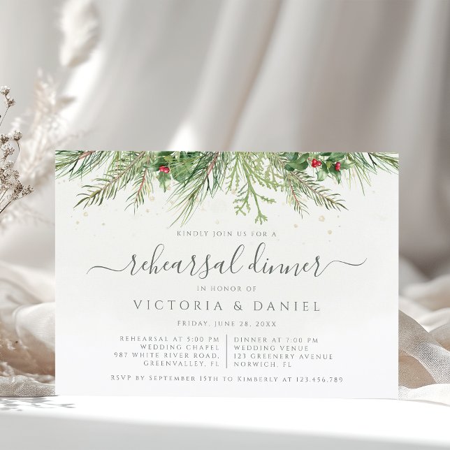 Rustic Winter Greenery Berries Rehearsal Dinner Invitation (Creator Uploaded)