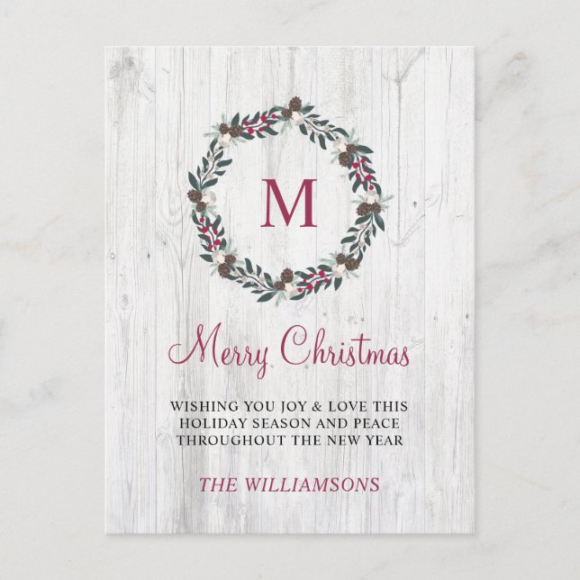 Rustic Winter Greenery Berry Wreath Christmas Wood Holiday Postcard (Front)