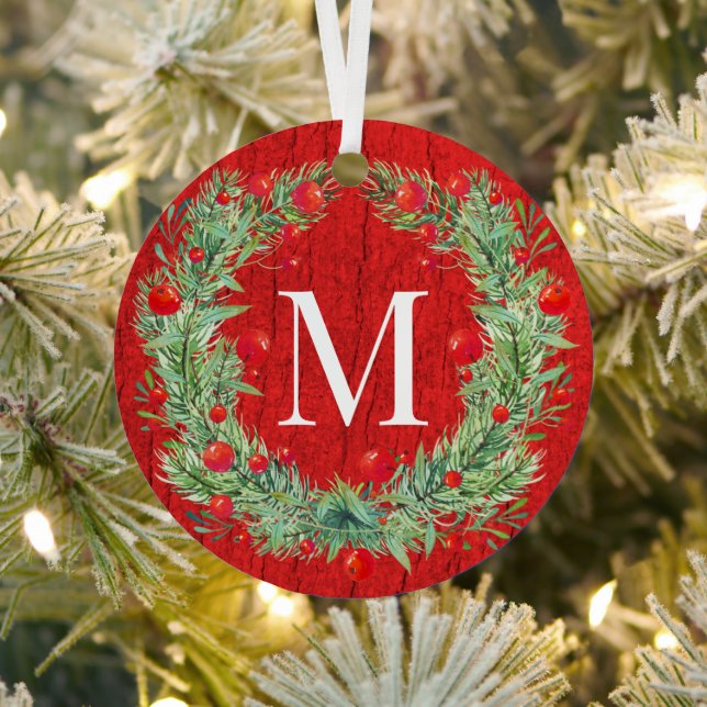 Rustic Winter Greenery Berry Wreath Red Wood Metal Ornament (Insitu)