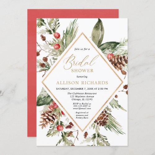 Rustic Winter greenery Christmas bridal shower Invitation