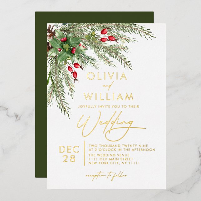 Rustic Winter Greenery Christmas Holiday Wedding Foil Invitation (Front/Back)