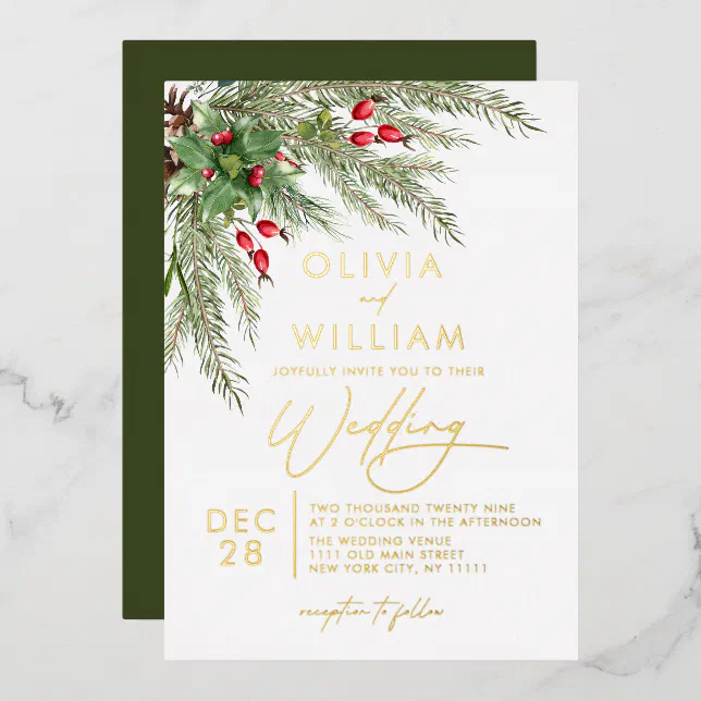 Rustic Winter Greenery Christmas Holiday Wedding Foil Invitation | Zazzle