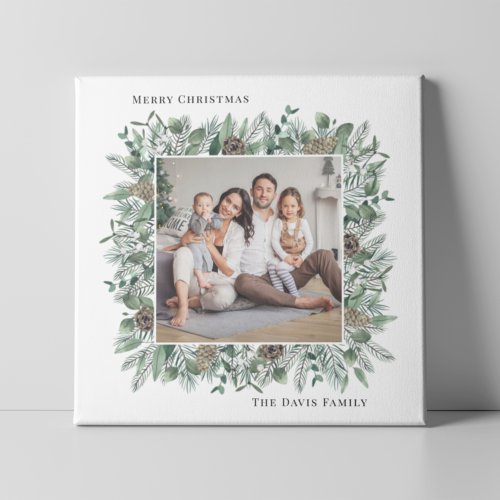 Rustic Winter Greenery Holiday Family Photo Wreath Canvas Print