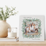 Rustic Winter Greenery Holiday Photo Wreath Plaque<br><div class="desc">Rustic elegant "Merry Christmas" holiday photo tabletop plaque display sign features a square wreath of winter watercolor greenery framing the family picture. Personalize with your choice of greeting and your family's last name.</div>