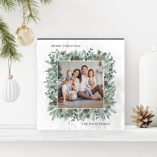 Rustic Winter Greenery Holiday Photo Wreath Wooden Box Sign