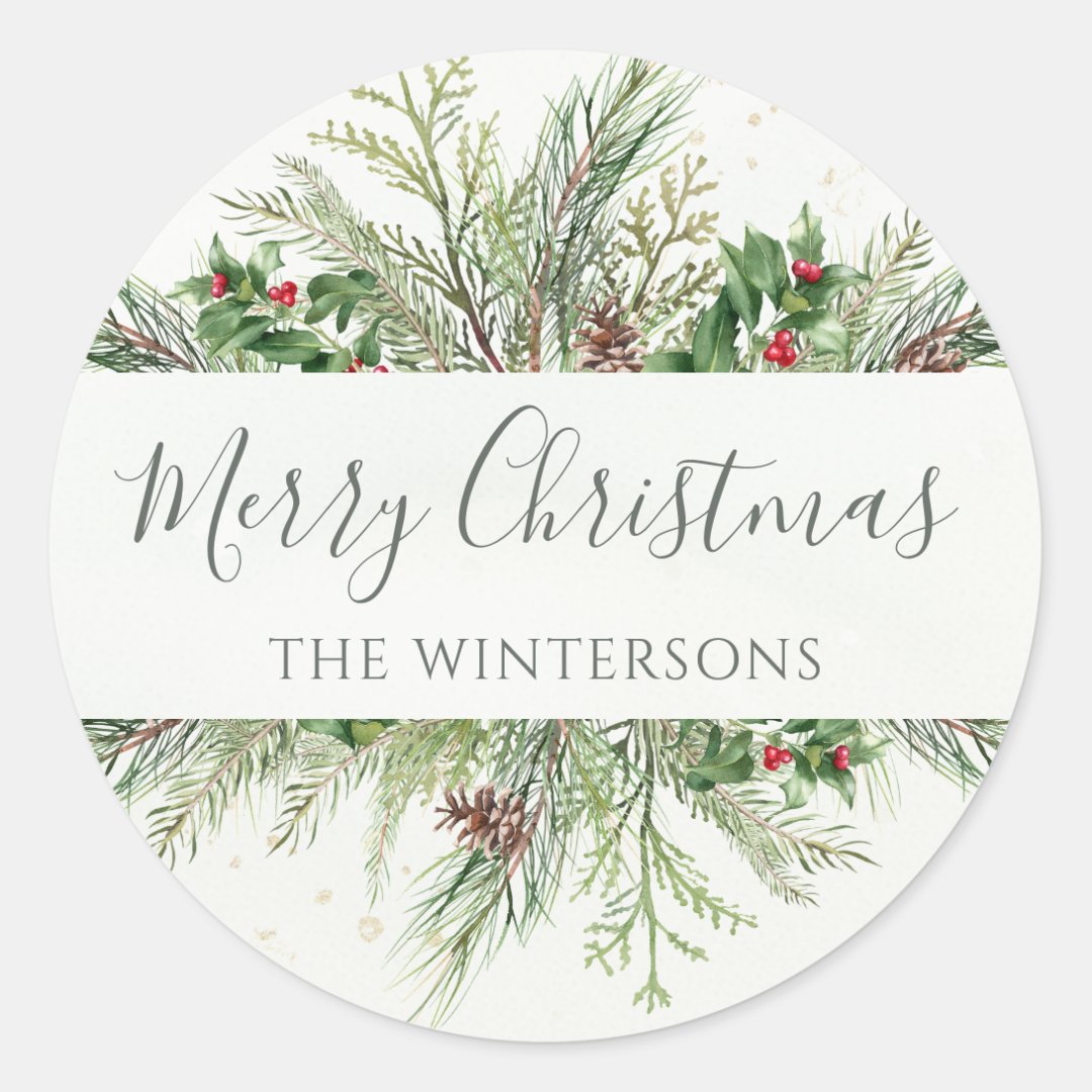 Rustic Winter Greenery Merry Christmas Classic Round Sticker Zazzle 4361