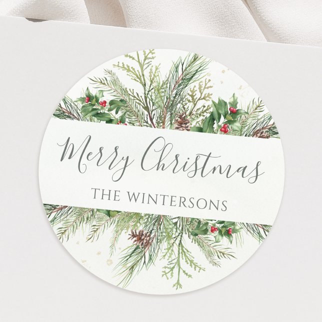Rustic Winter Greenery Merry Christmas Classic Round Sticker (Creator Uploaded)