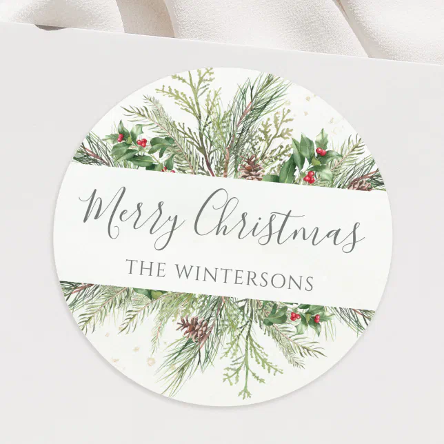 Rustic Winter Greenery Merry Christmas Classic Round Sticker Zazzle 6764