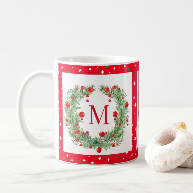 Rustic Winter Greenery Monogram Berry Wreath Coffee Mug (With Donut)