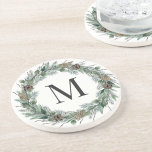 Rustic Winter Greenery Monogram Initial Wreath Coaster<br><div class="desc">Elegant holiday sandstone stone beverage coaster design features a rustic chic wreath of winter watercolor greenery framing a family / last name monogram initial. Includes a white background color.</div>