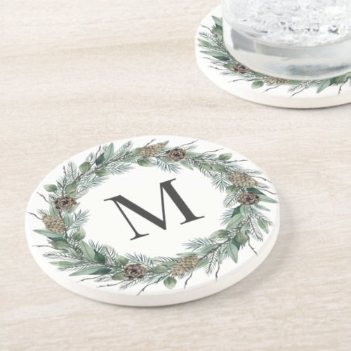 Rustic Winter Greenery Monogram Initial Wreath Coaster