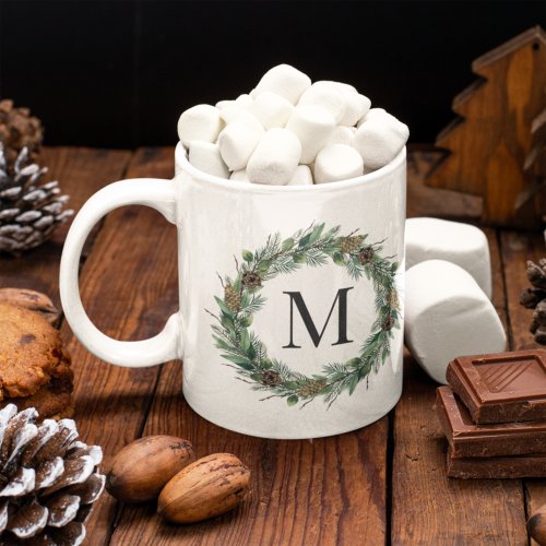 Rustic Winter Greenery Monogram Initial Wreath Coffee Mug