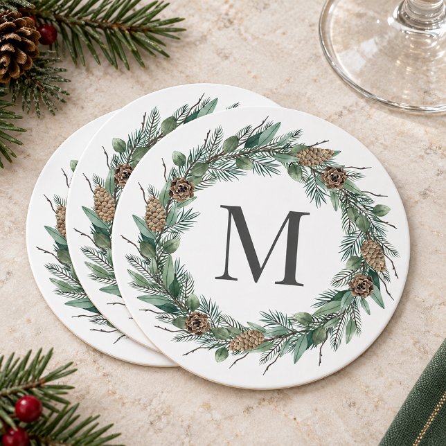 Rustic Winter Greenery Monogram Initial Wreath Round Paper Coaster (Creator Uploaded)