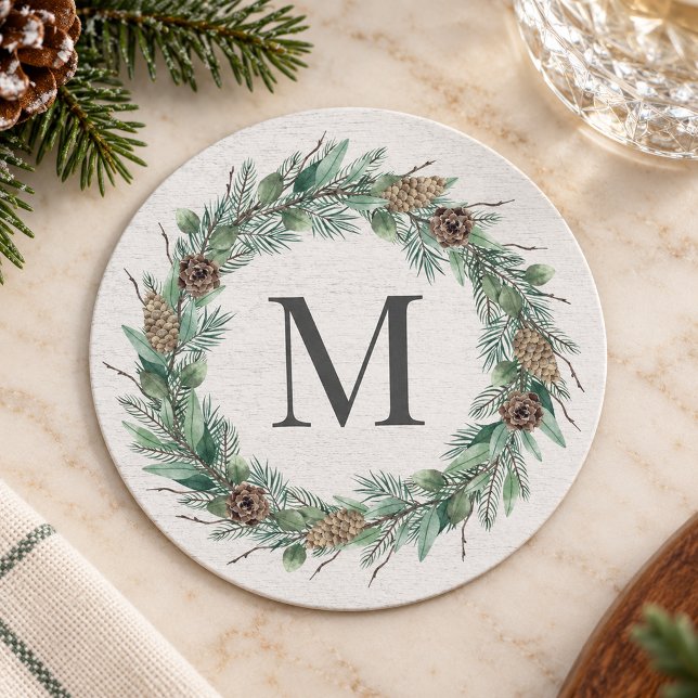 Rustic Winter Greenery Monogram Initial Wreath Round Paper Coaster (Creator Uploaded)