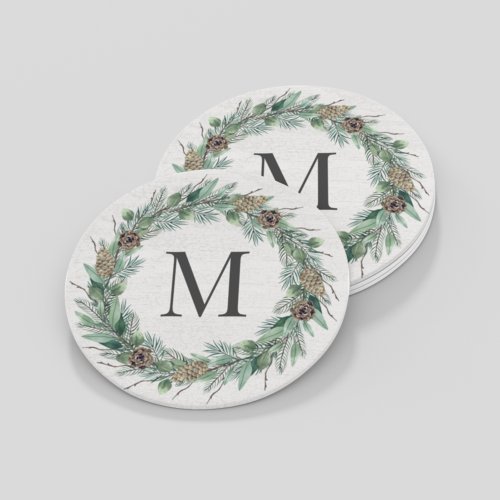 Rustic Winter Greenery Monogram Initial Wreath Round Paper Coaster
