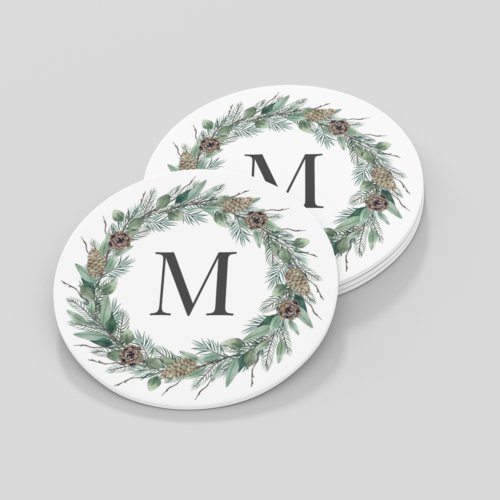 Rustic Winter Greenery Monogram Initial Wreath Round Paper Coaster