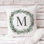 Rustic Winter Greenery Monogram Initial Wreath Throw Pillow<br><div class="desc">Elegant custom holiday throw pillow design features a rustic chic wreath of winter watercolor greenery framing a first or last name monogram initial. Personalize with your choice of charcoal gray letter. Two-sided design appears on the front and back side of the classic white pillow.</div>