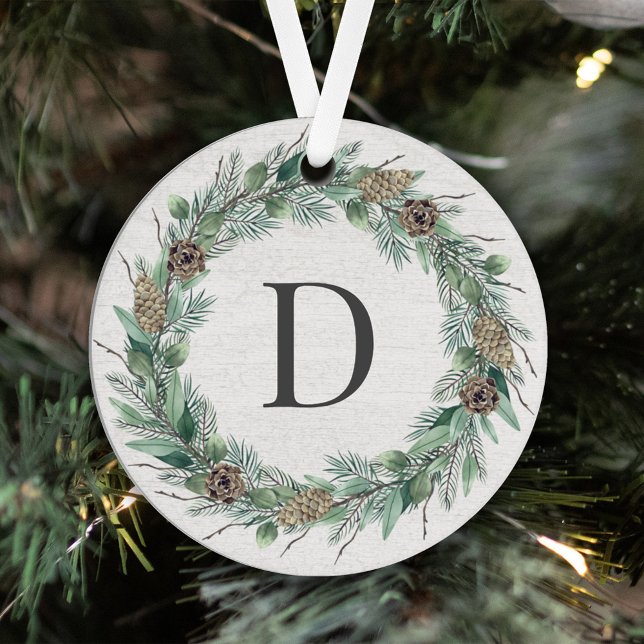Rustic Winter Greenery Monogram Wreath White Wood Metal Ornament (Creator Uploaded)