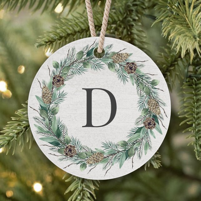 Rustic Winter Greenery Monogram Wreath White Wood Ornament (Creator Uploaded)