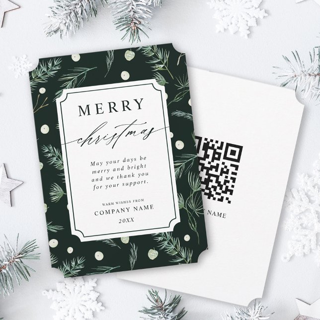 Rustic Winter Greenery QR Code Corporate Christmas Holiday Card (Front & Back)