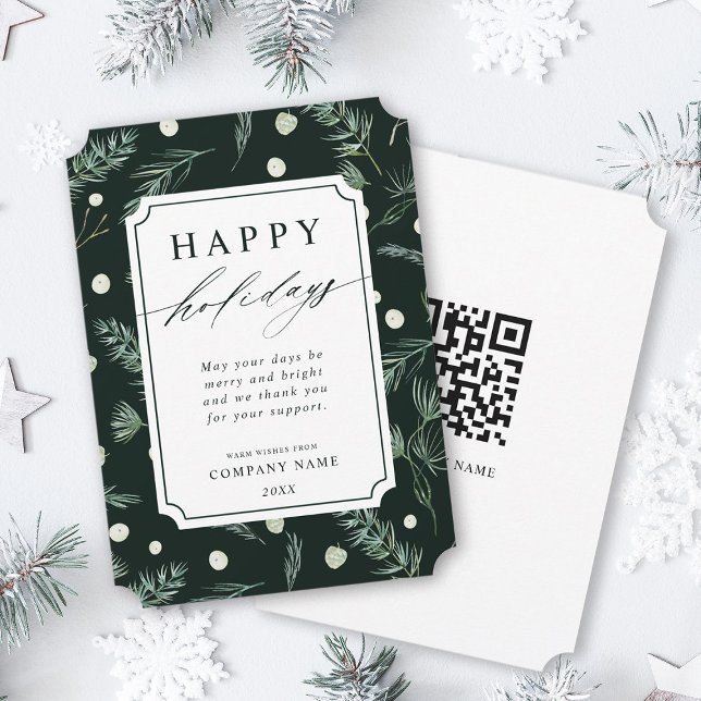Rustic Winter Greenery QR Code Corporate Holiday Card (Creator Uploaded)
