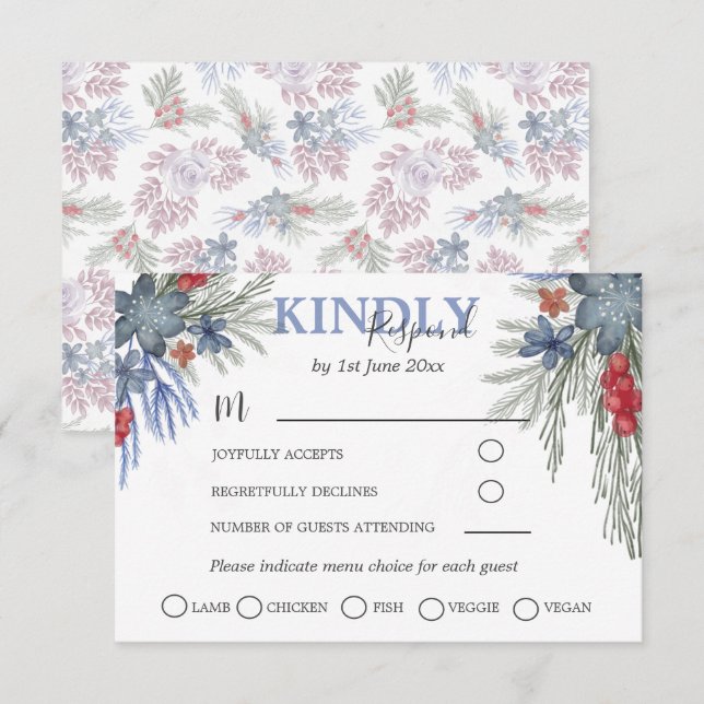Rustic Winter Greenery Watercolor Wedding RSVP Card (Front/Back)