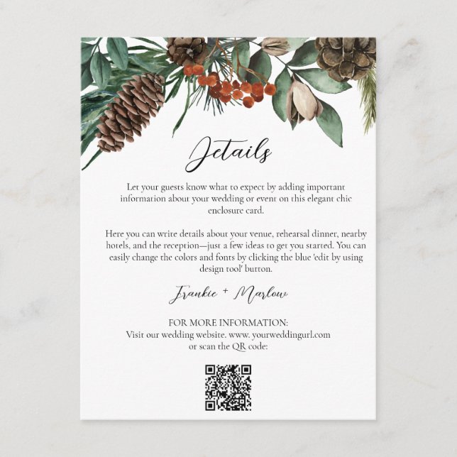 Rustic Winter Greenery Wedding Details QR Website  Enclosure Card (Front)