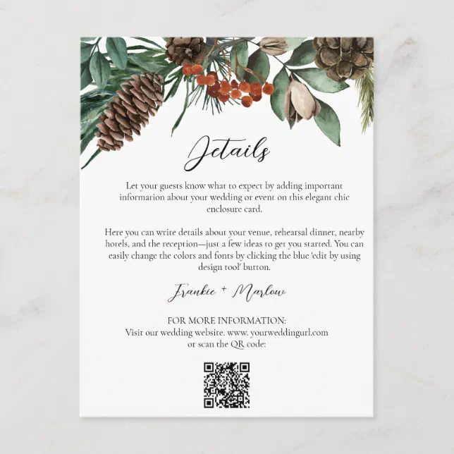 Rustic Winter Greenery Wedding Details QR Website Enclosure Card | Zazzle