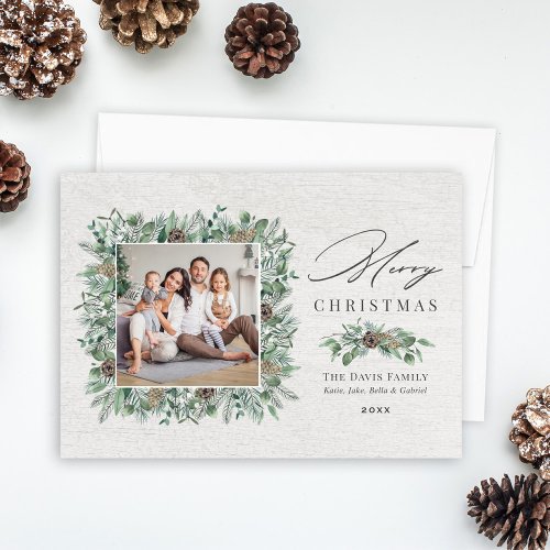 Rustic Winter Greenery White Wood Photo Holiday Card