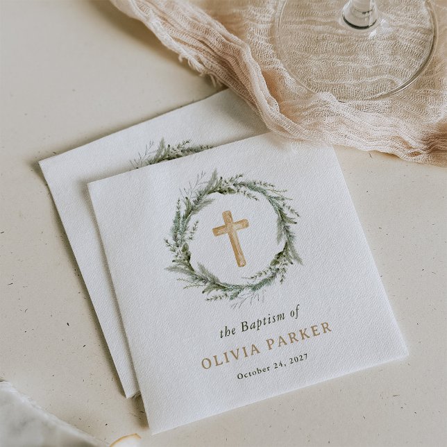 Rustic Winter Greenery | Wreath and Cross Baptism Napkins (Creator Uploaded)