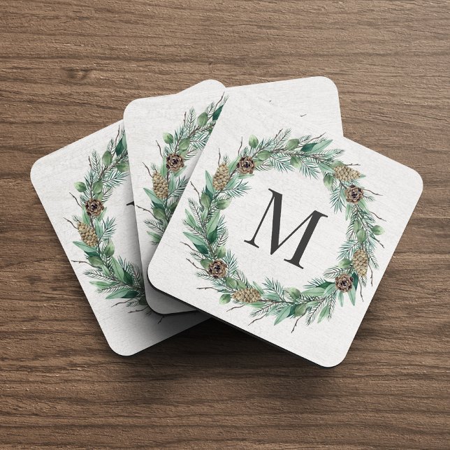 Rustic Winter Greenery Wreath Monogram Beverage Coaster (Creator Uploaded)