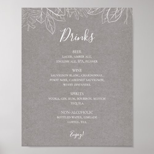 Rustic Winter  Grey Wedding Drinks Menu Sign