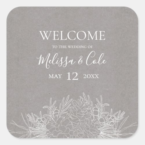 Rustic Winter  Grey Wedding Welcome Square Sticker