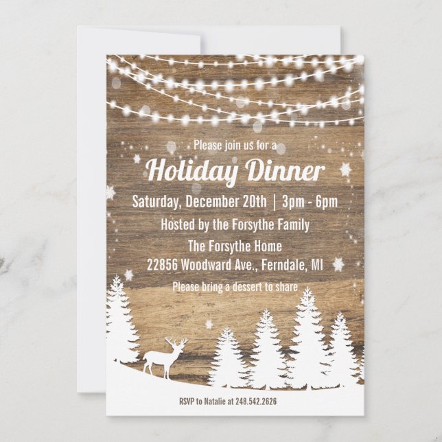 Rustic Winter Holiday Christmas Dinner Invitation (Front)