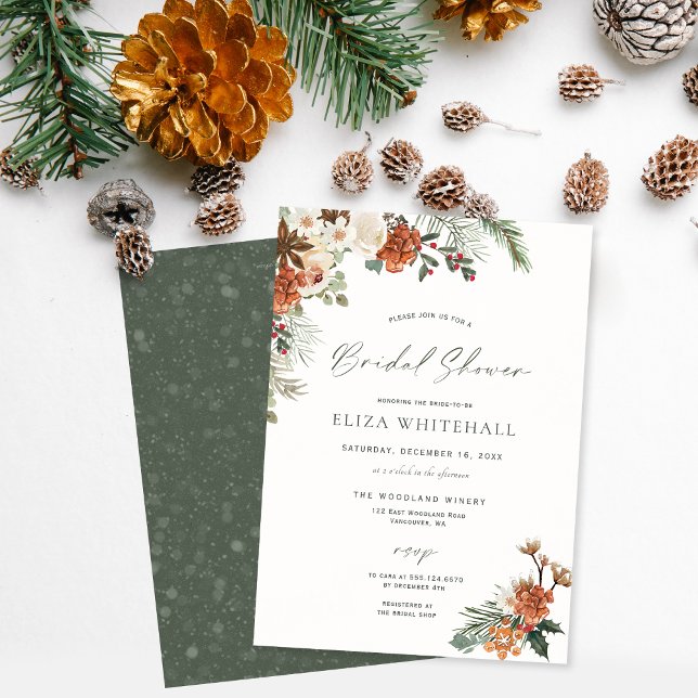 Rustic Winter Holiday Greenery Pine Bridal Shower Invitation (Winter Bridal shower Invitation, Rustic greenery, Christmas bridal)