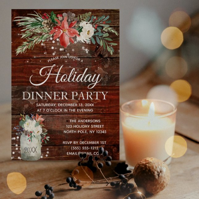 Rustic Winter Holiday Lights Floral Dinner Party Invitation (Creator Uploaded)