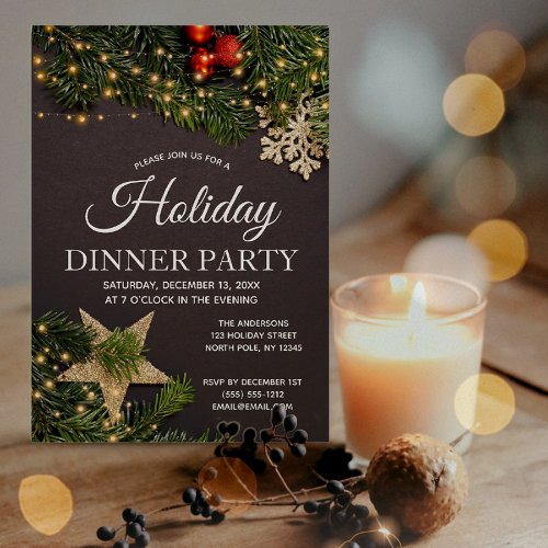 Rustic Winter Holiday Lights Pine Dinner Party Invitation