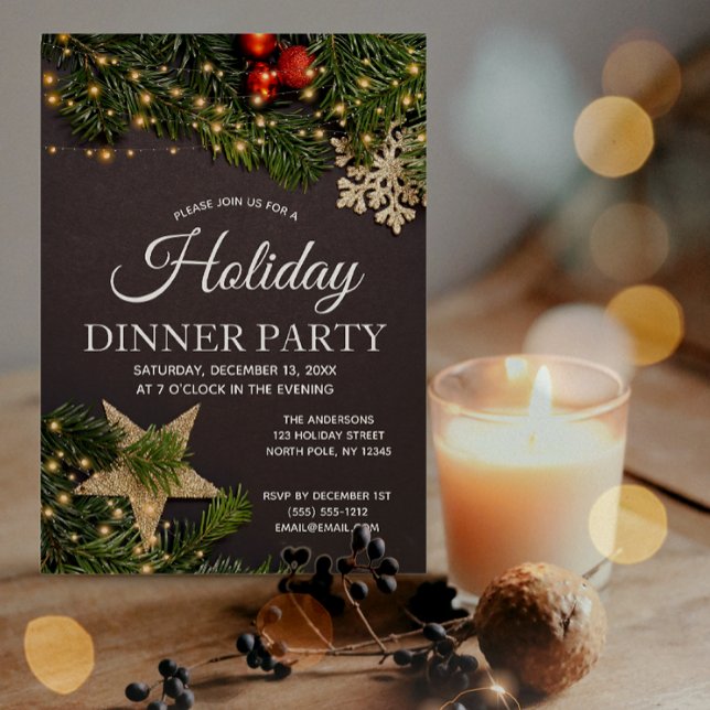 Rustic Winter Holiday Lights Pine Dinner Party Invitation (Creator Uploaded)