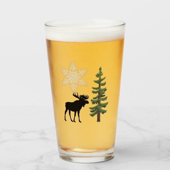 Rustic Winter Holiday Moose Snowflake Pine Tree  Glass (Front Filled)