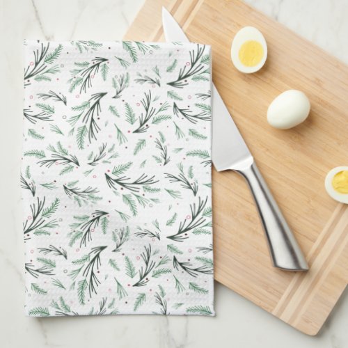 Rustic Winter Holiday Pine Branch Pattern Kitchen Towel