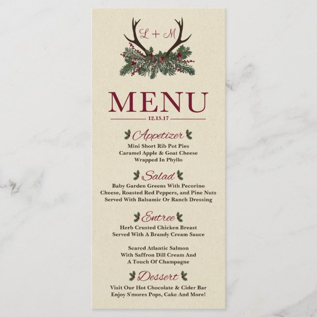 Rustic Winter Holiday Pine Wedding Dinner Menu (Front)