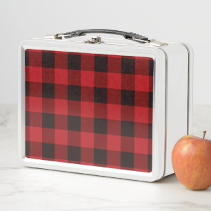rustic winter holiday red black buffalo plaid metal lunch box