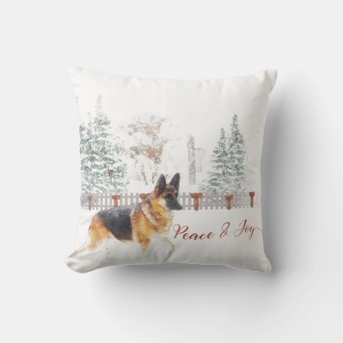 Rustic Winter Holiday Scene with German Shepherd Throw Pillow