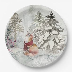Rustic Winter Holiday Snow Scene with Fox Paper Plates
