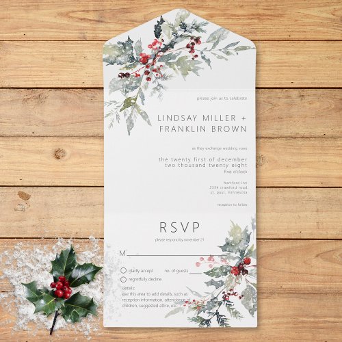 Rustic Winter Holly Berries  Snow Details All In One Invitation