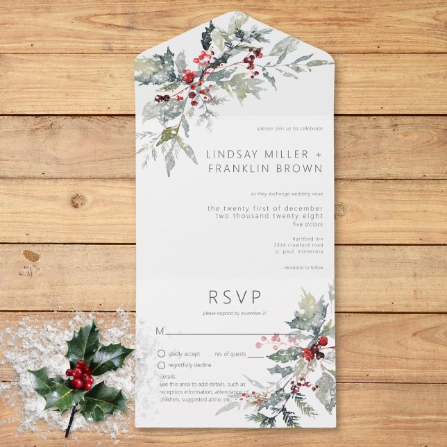 Rustic Winter Holly Berries & Snow Details All In One Invitation (Rustic Winter Holly Berries & Snow Details All In One Invitation)
