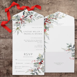 Rustic Winter Holly Berries & Snow Dinner All In One Invitation