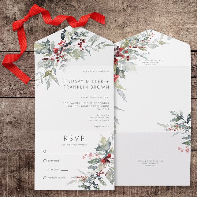 Rustic Winter Holly Berries & Snow No Dinner All In One Invitation (Rustic Winter Holly Berries & Snow All In One Wedding Invitation without Dinner Options)